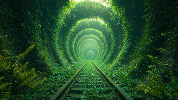 绿色植被覆盖的铁路隧道