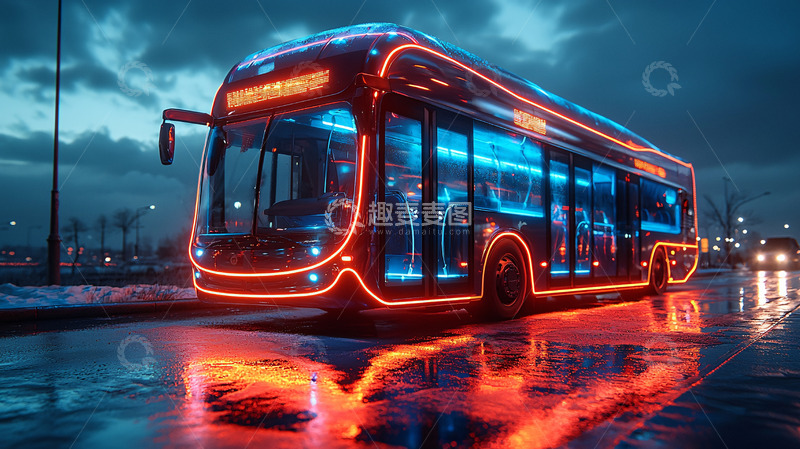 高清大图下载【趣麦麦图】未来感十足的夜间公交车