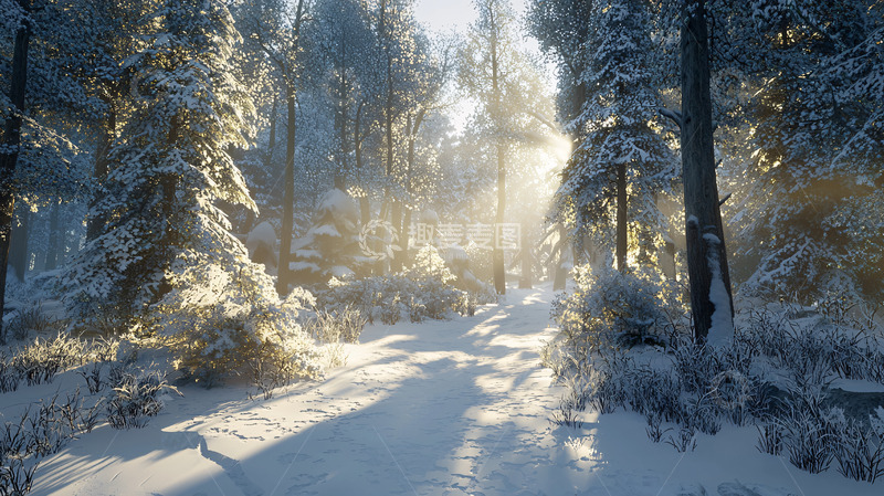高清大图下载【趣麦麦图】冬日森林阳光小路