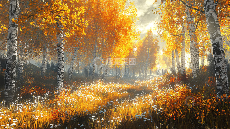 高清大图下载【趣麦麦图】秋日阳光下的白桦林