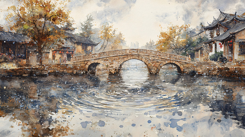高清大图下载【趣麦麦图】水彩风格的江南小镇