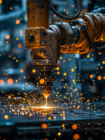 工业机器人切割金属火花四溅