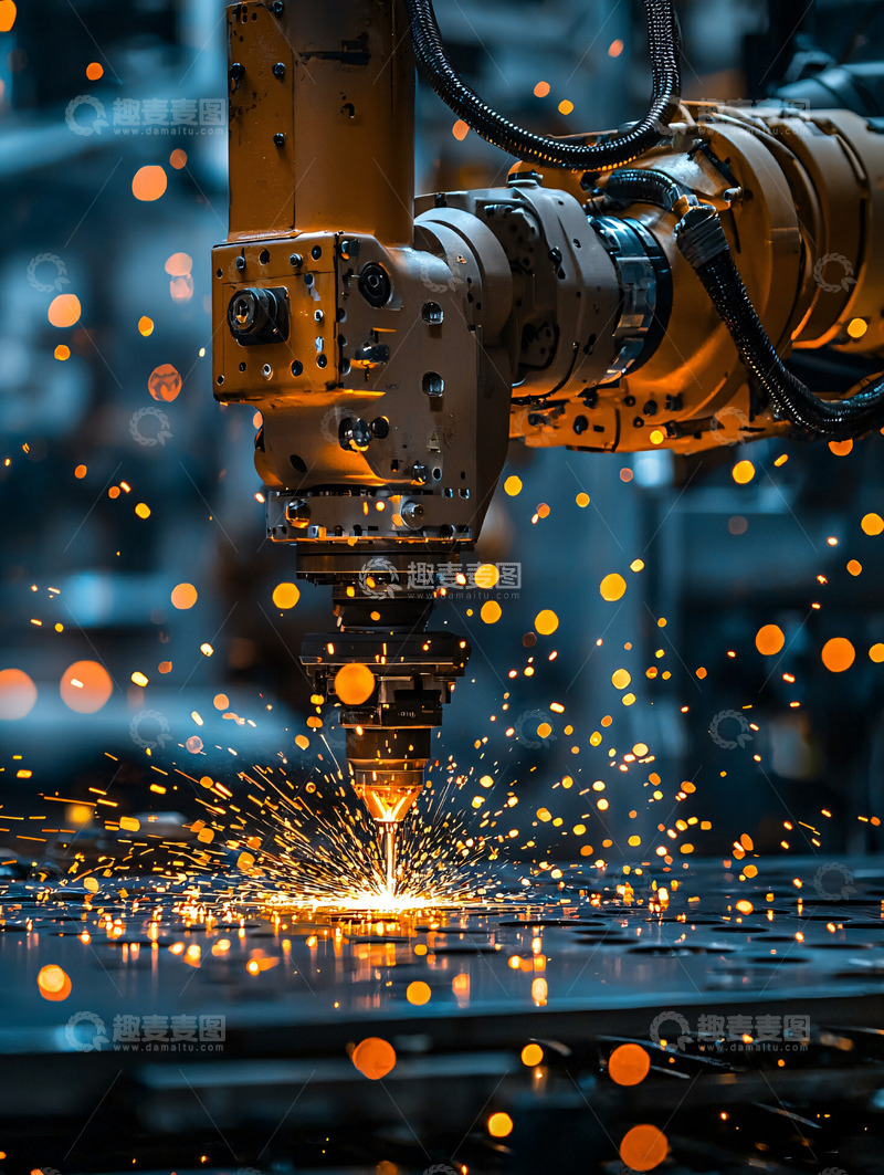 高清大图下载【趣麦麦图】工业机器人切割金属火花四溅
