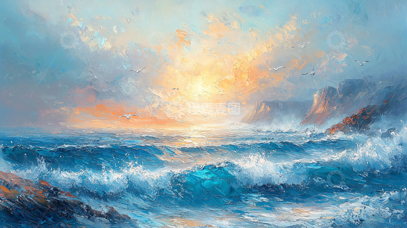 高清大图下载【趣麦麦图】海浪拍打岩石的日落景色