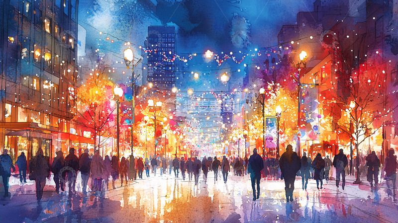 高清大图下载【趣麦麦图】夜晚城市街道水彩画