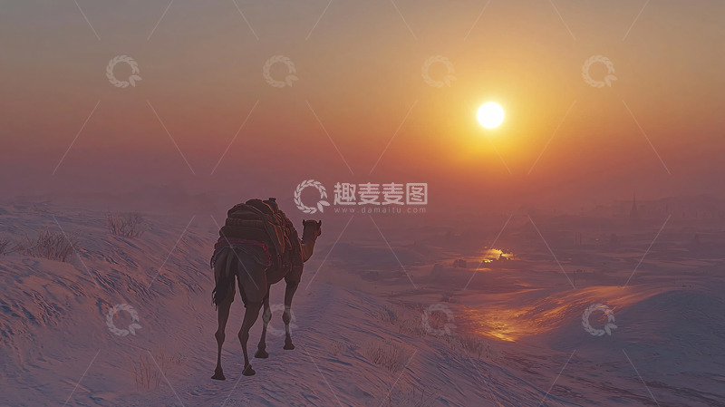 高清大图下载【趣麦麦图】骆驼日落雪景