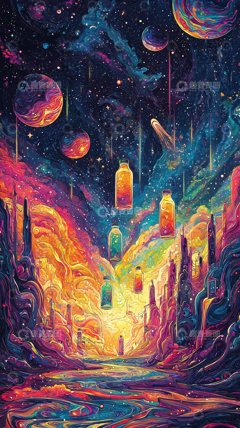 高清大图下载【趣麦麦图】宇宙瓶子梦幻城市