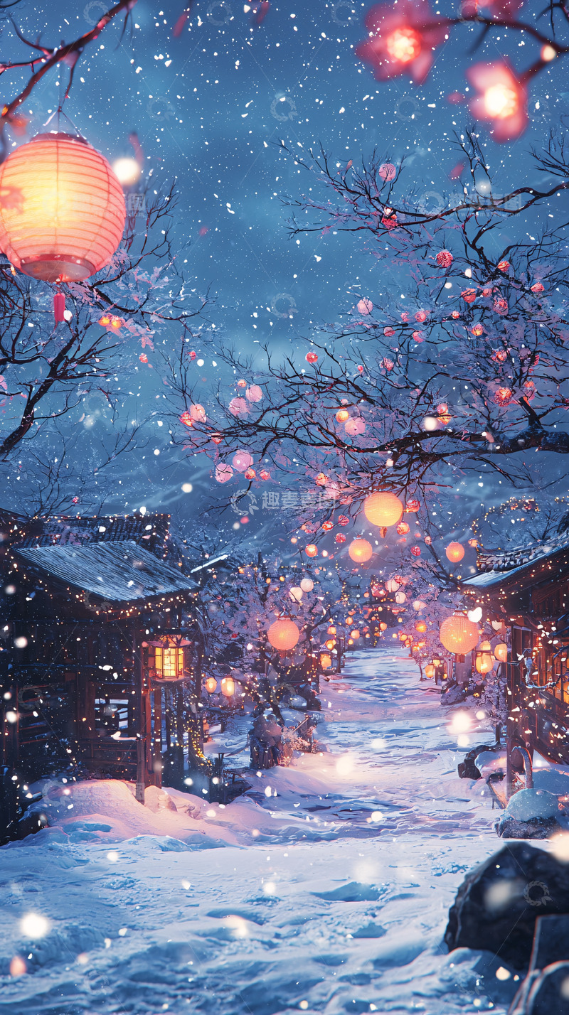 高清大图下载【趣麦麦图】冬夜雪景小镇红灯笼