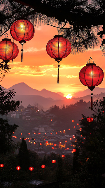 落日余晖下的红灯笼