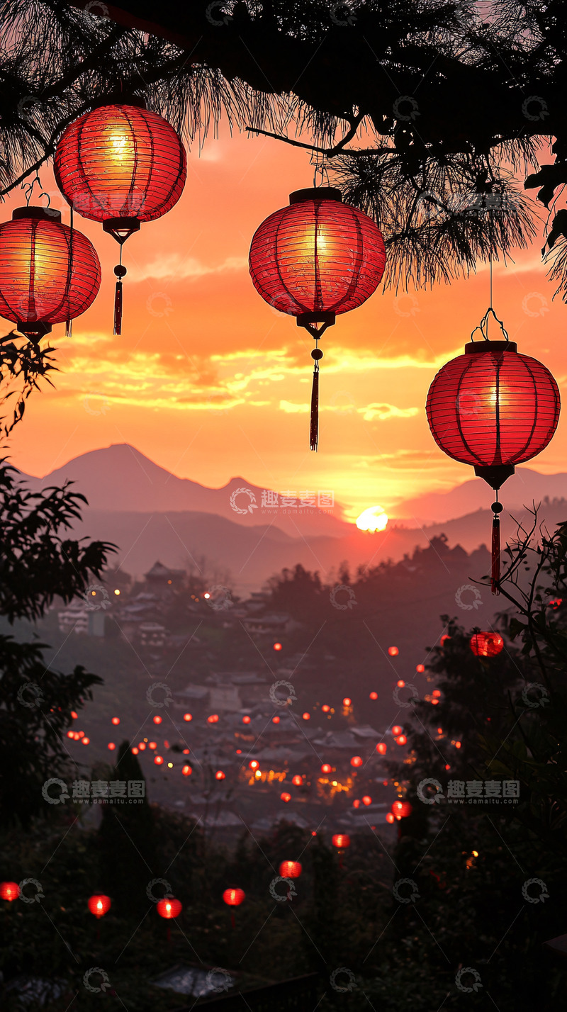 高清大图下载【趣麦麦图】落日余晖下的红灯笼
