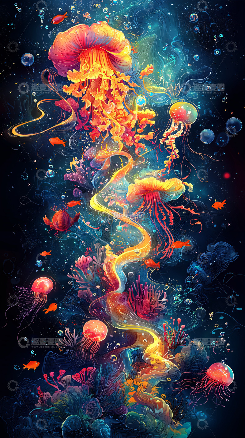 高清大图下载【趣麦麦图】水母和珊瑚的梦幻海洋