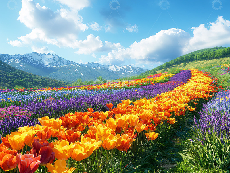 高清大图下载【趣麦麦图】彩色花田山脉背景