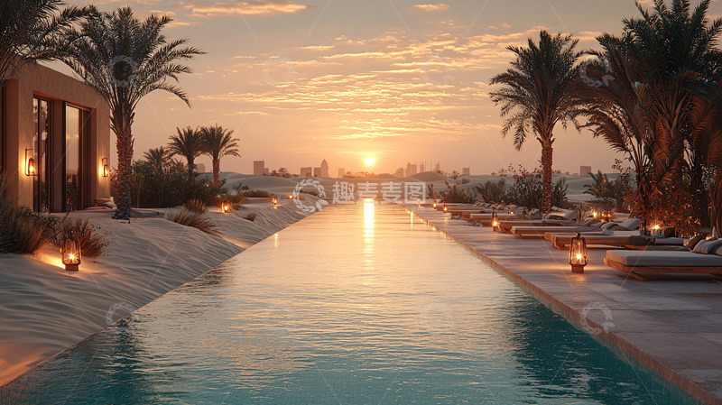高清大图下载【趣麦麦图】沙漠度假村日落泳池