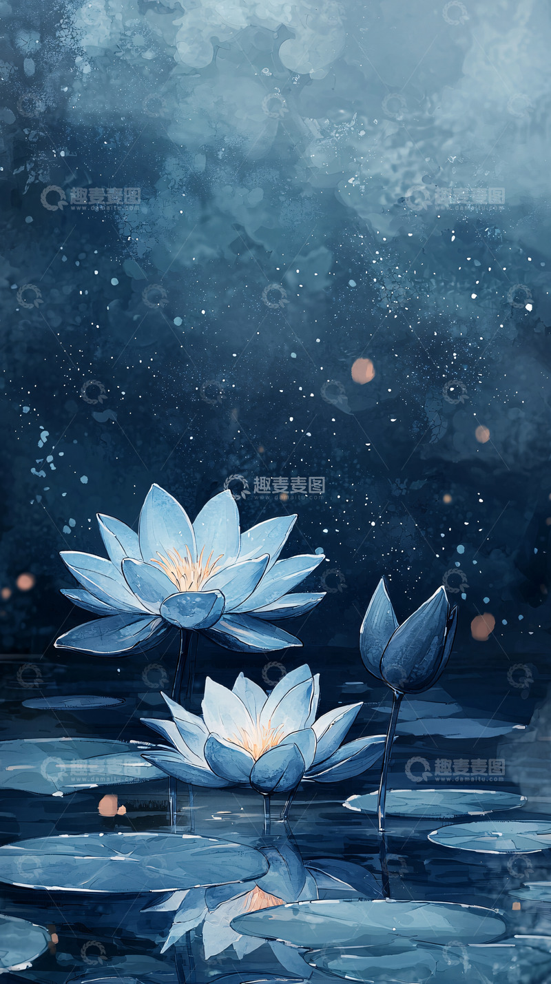 高清大图下载【趣麦麦图】水墨蓝莲花