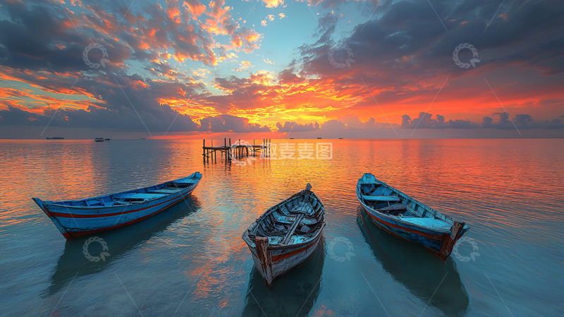 高清大图下载【趣麦麦图】日出海景三只小船