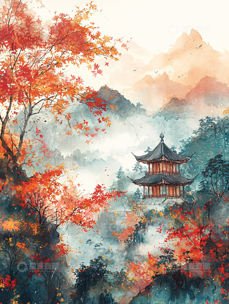 高清大图下载【趣麦麦图】秋色水墨山水寺庙