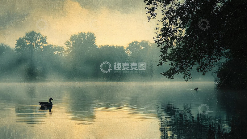 高清大图下载【趣麦麦图】雾气弥漫的湖面一只天鹅