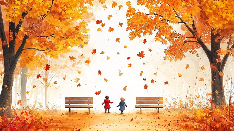 高清大图下载【趣麦麦图】秋日公园里两个孩子玩落叶