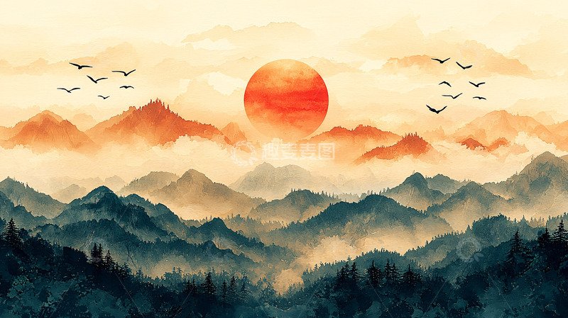 高清大图下载【趣麦麦图】-水墨山水日出飞鸟