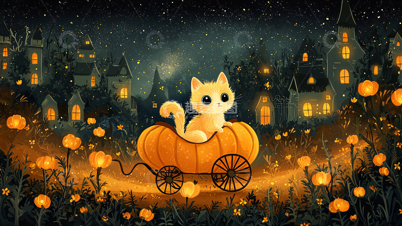 高清大图下载【趣麦麦图】南瓜马车小猫