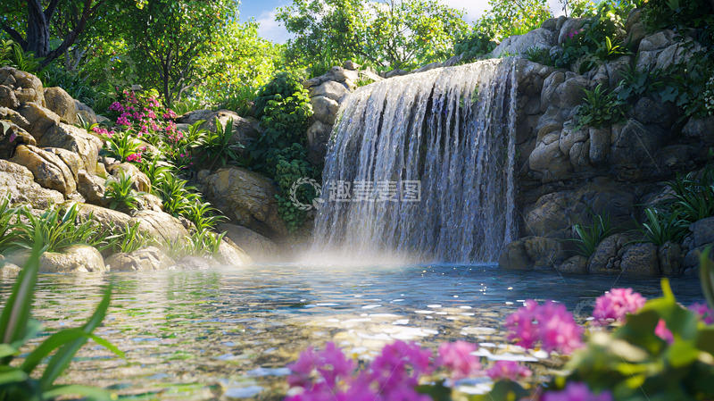 高清大图下载【趣麦麦图】绿树环绕的瀑布景观
