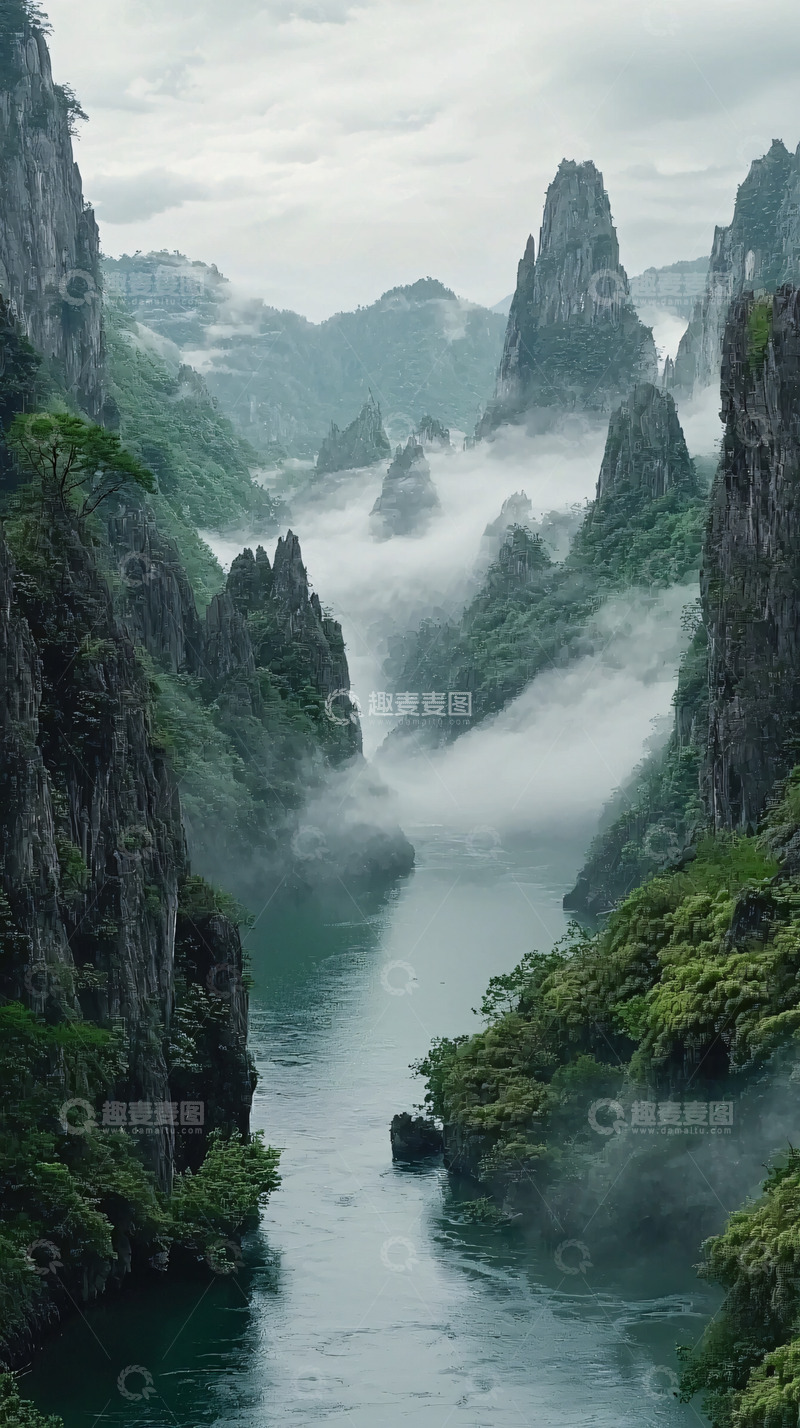 高清大图下载【趣麦麦图】雾气缭绕的峡谷河流