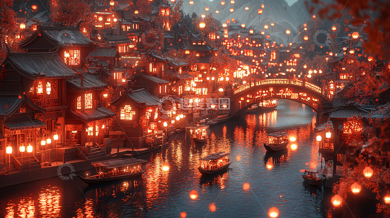 高清大图下载【趣麦麦图】梦幻水乡夜景