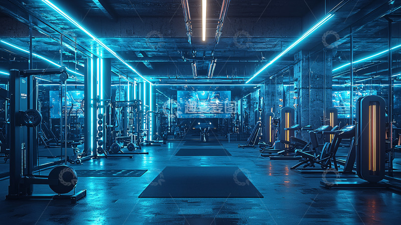 高清大图下载【趣麦麦图】蓝色灯光下的现代化健身房