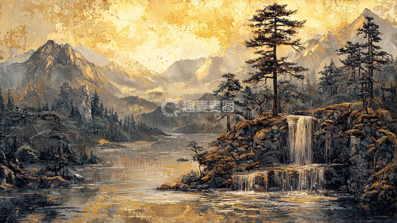 高清大图下载【趣麦麦图】金色夕阳下的山林瀑布