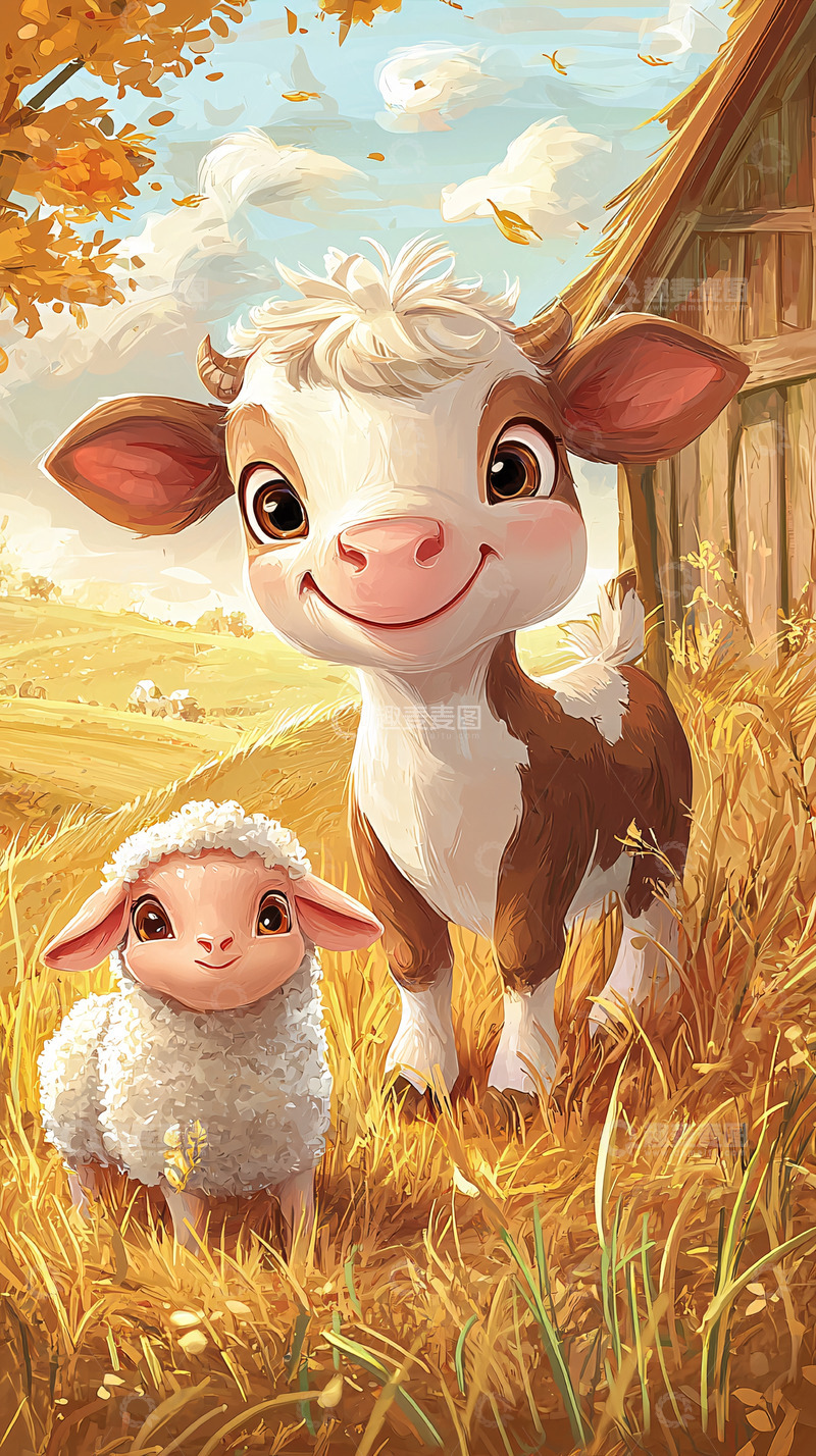 高清大图下载【趣麦麦图】小牛和小羊的秋季田园风光