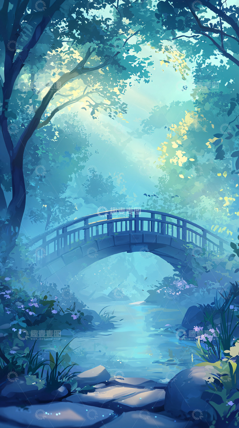 高清大图下载【趣麦麦图】蓝调森林小桥流水