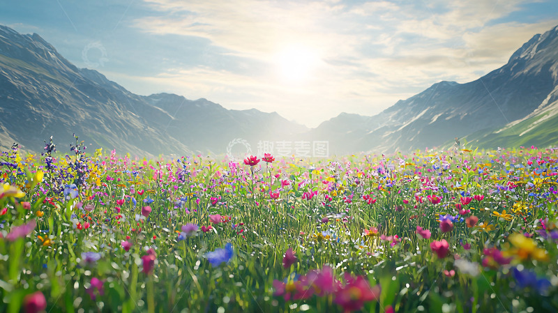 高清大图下载【趣麦麦图】阳光下的高山野花田