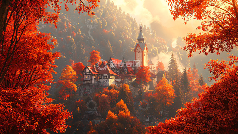 高清大图下载【趣麦麦图】秋日红叶城堡