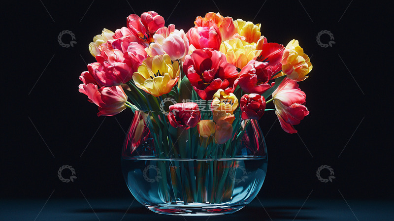 高清大图下载【趣麦麦图】郁金香花束玻璃花瓶