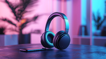 黑色耳机置于桌面