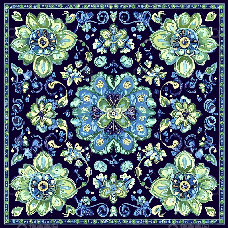 高清大图下载【趣麦麦图】蓝色绿色花卉对称图案