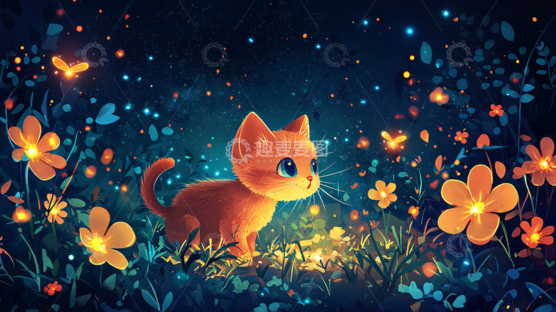 高清大图下载【趣麦麦图】夜光花丛中小猫