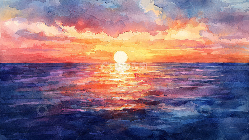 高清大图下载【趣麦麦图】水彩日落海景