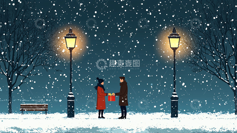 高清大图下载【趣麦麦图】冬夜雪景浪漫情侣