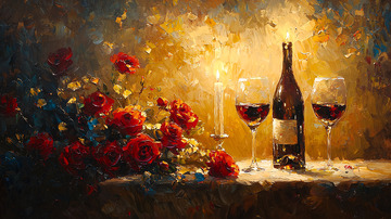 红酒静物油画