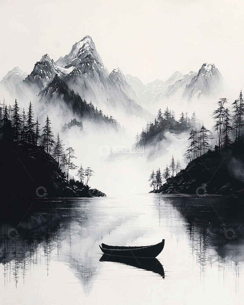 高清大图下载【趣麦麦图】山水画意境小船静谧