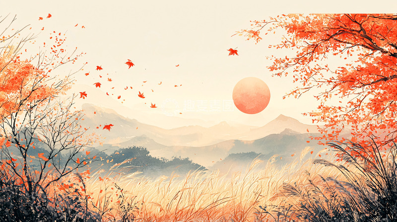 高清大图下载【趣麦麦图】秋日落日山峦田野景色