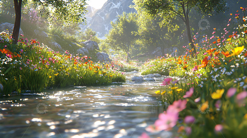 高清大图下载【趣麦麦图】阳光明媚的鲜花草地