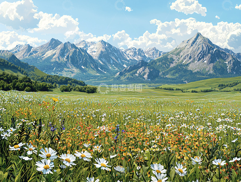 高清大图下载【趣麦麦图】雪山草地鲜花盛开