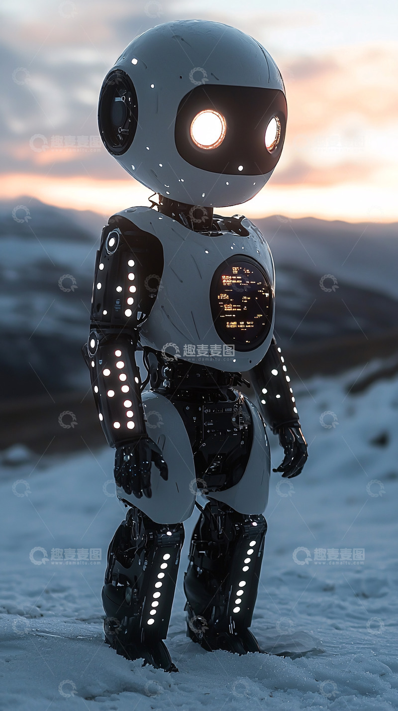 高清大图下载【趣麦麦图】可爱机器人雪地日落