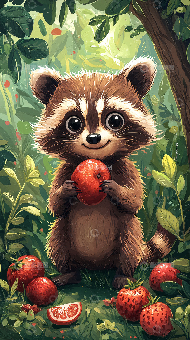 高清大图下载【趣麦麦图】可爱浣熊拿着红苹果