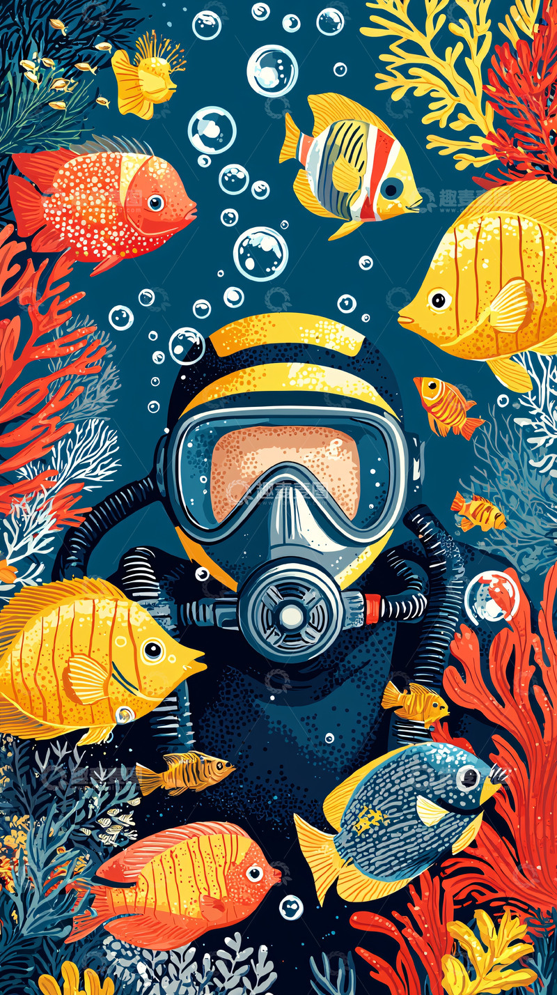 高清大图下载【趣麦麦图】潜水员在水中与鱼群嬉戏