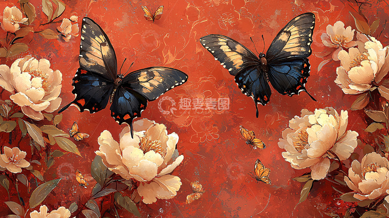 高清大图下载【趣麦麦图】两只蝴蝶飞舞在牡丹花丛中