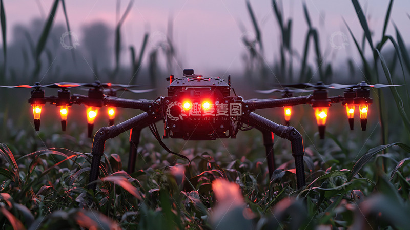 高清大图下载【趣麦麦图】红光闪烁的黑色多旋翼无人机
