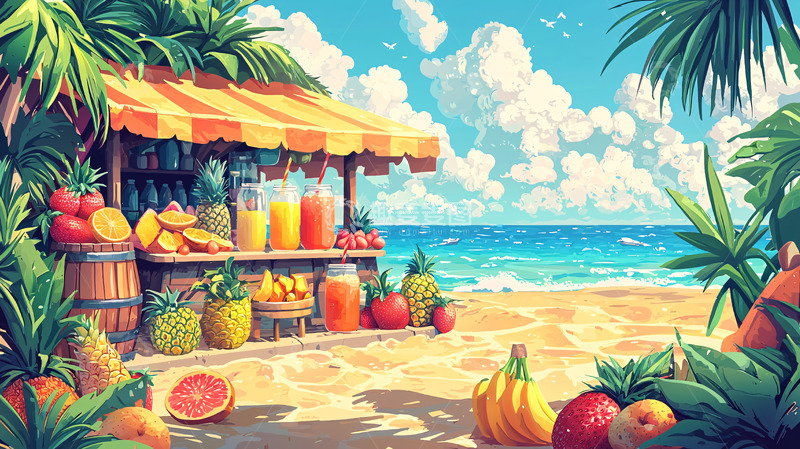 高清大图下载【趣麦麦图】海边水果摊